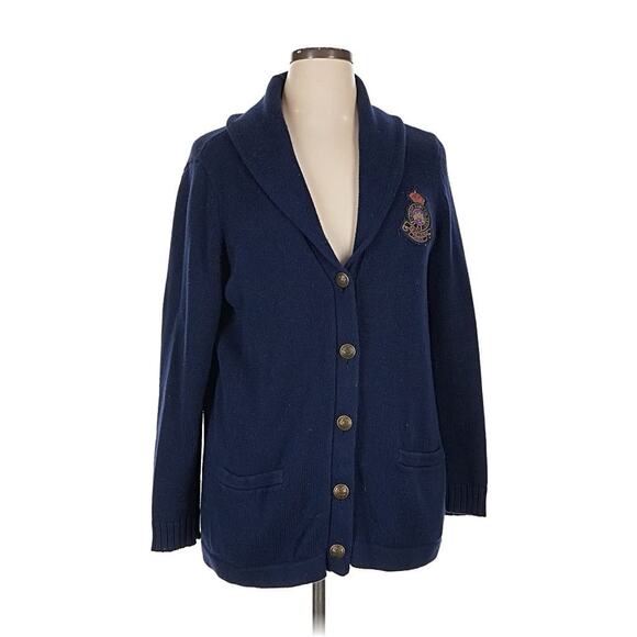 Ralph Lauren Jeans Co Navy Blue Crest Knitted Cotton V Neck Cardigan 1X - Picture 1 of 4